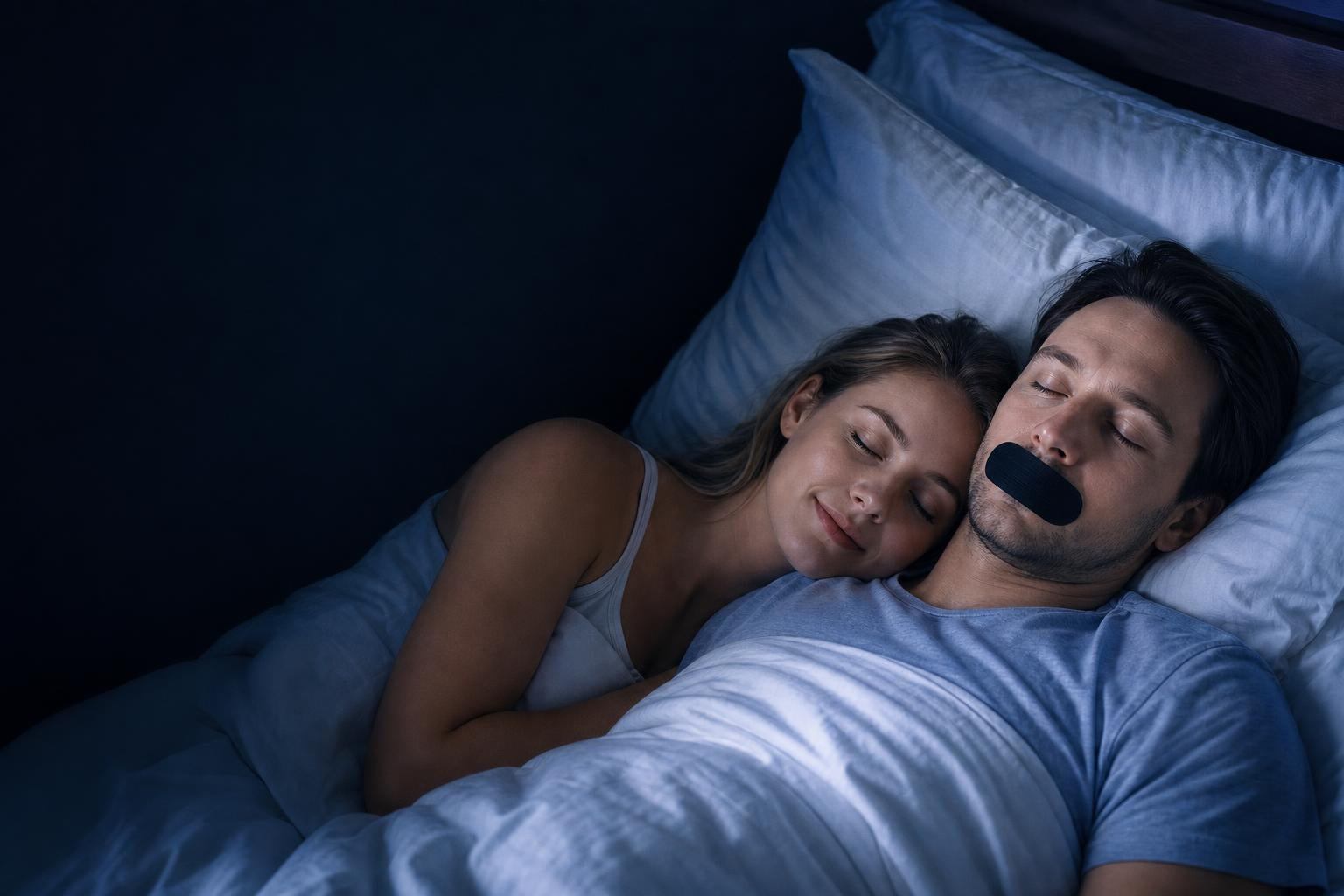 Pareja durmiendo tranquila con la cinta Nokteo